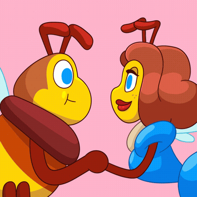 A Couple Of Cartoon Bees Holding Hands On A Pink Background GIF