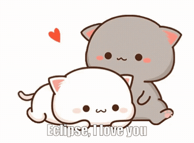 A Couple Of Cartoon Cats Are Hugging Each Other With The Words `` Eclipse , I Love You '' Written Below Them . GIF