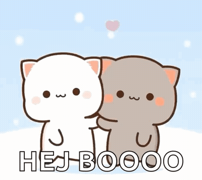 A Couple Of Cartoon Cats Holding Hands With The Words Hej Boooo Written Below Them GIF