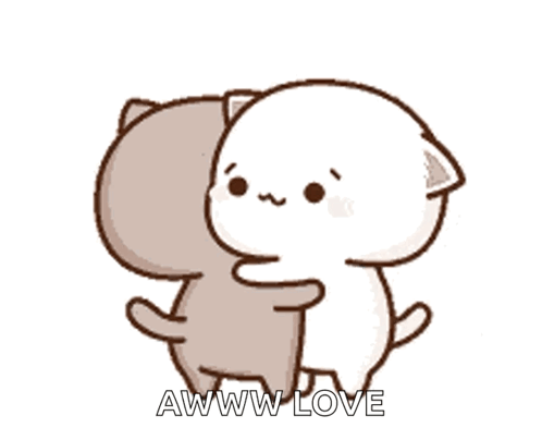 A Couple Of Cartoon Cats Hugging Each Other With The Words Awww Love Written On The Bottom . GIF