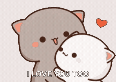 A Couple Of Cartoon Cats Hugging Each Other With The Words `` I Love You Too '' Written On The Bottom . GIF