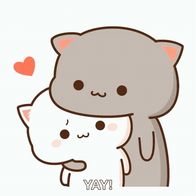 A Couple Of Cartoon Cats Hugging Each Other With The Words Yay Written Below Them GIF