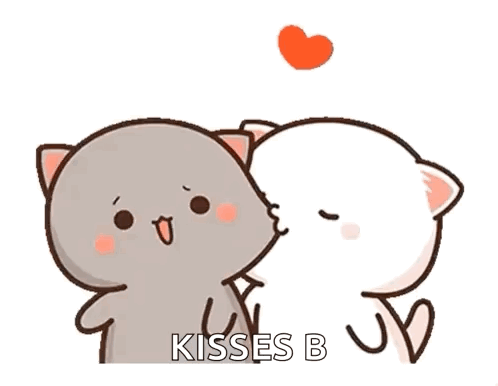 A Couple Of Cartoon Cats Kissing Each Other With A Heart Flying In The Air . GIF