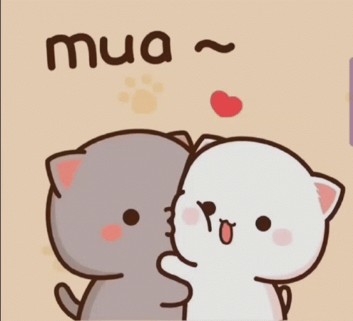 A Couple Of Cartoon Cats Kissing With The Word Mua Written Above Them GIF