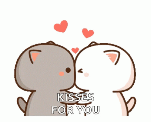 A Couple Of Cartoon Cats Kissing With The Words Kisses For You In The Background GIF