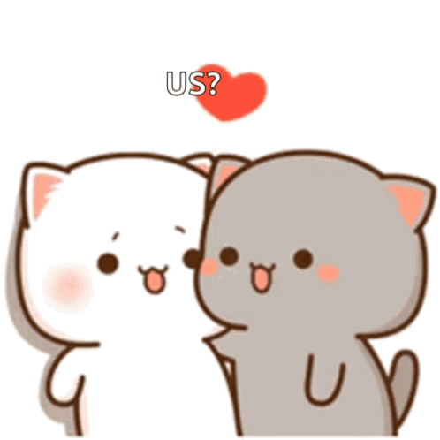 A Couple Of Cartoon Cats Standing Next To Each Other With A Heart Above Them That Says Us ? GIF