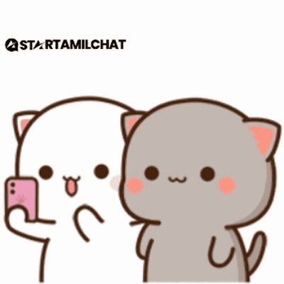 A Couple Of Cartoon Cats Standing Next To Each Other With A Heart In The Middle GIF