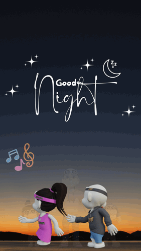 A Couple Of Cartoon Characters Are Dancing In Front Of A Good Night Sign GIF