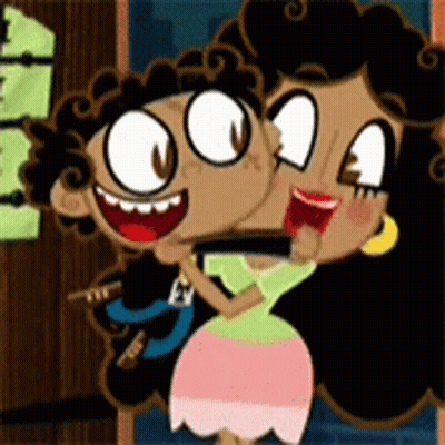 A Couple Of Cartoon Characters Are Hugging Each Other And Smiling . GIF