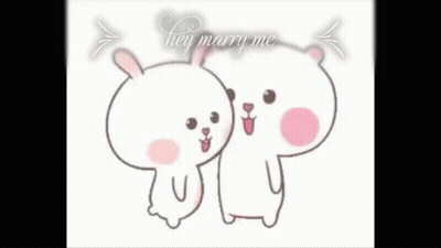 A Couple Of Cartoon Characters Are Hugging Each Other In Front Of A Pink Heart And The Words `` Hey Marry Me '' . GIF