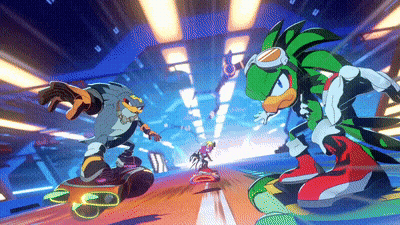 A Couple Of Cartoon Characters Are Riding Skateboards On A Race Track GIF