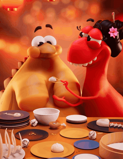 A Couple Of Cartoon Characters Are Sitting At A Table Eating Food GIF