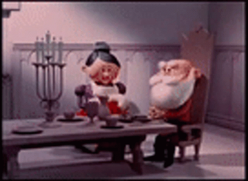 A Couple Of Cartoon Characters Are Sitting At A Table With Cups And Saucers . GIF