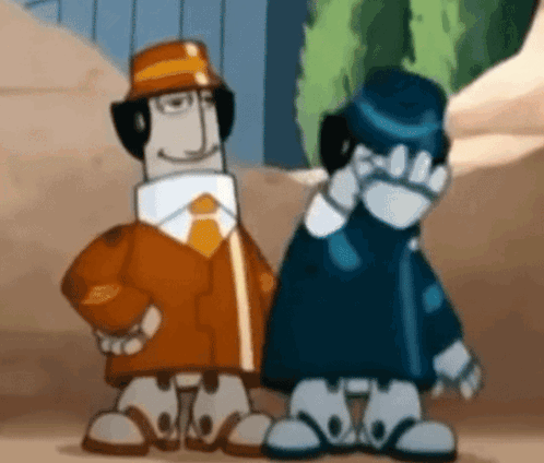 A Couple Of Cartoon Characters Are Standing Next To Each Other And One Is Talking On A Cell Phone . GIF