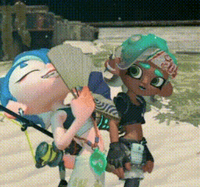 A Couple Of Cartoon Characters Are Standing Next To Each Other Holding A Fan . GIF