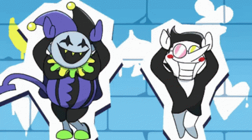 A Couple Of Cartoon Characters Are Standing Next To Each Other On A Blue Background GIF