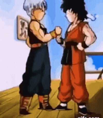 A Couple Of Cartoon Characters Are Standing Next To Each Other On A Wooden Deck . GIF