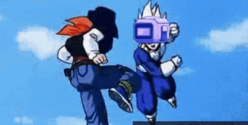 A Couple Of Cartoon Characters Are Standing Next To Each Other On Top Of A Building . GIF