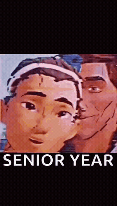 A Couple Of Cartoon Characters Are Standing Next To Each Other With The Words `` Senior Year '' Written On The Bottom . GIF