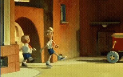 A Couple Of Cartoon Characters Are Walking Down A Street . GIF