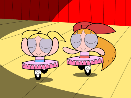 A Couple Of Cartoon Characters Dancing On A Stage With Their Eyes Closed GIF