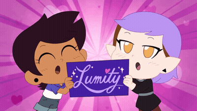A Couple Of Cartoon Characters Holding A Sign That Says Lumity GIF