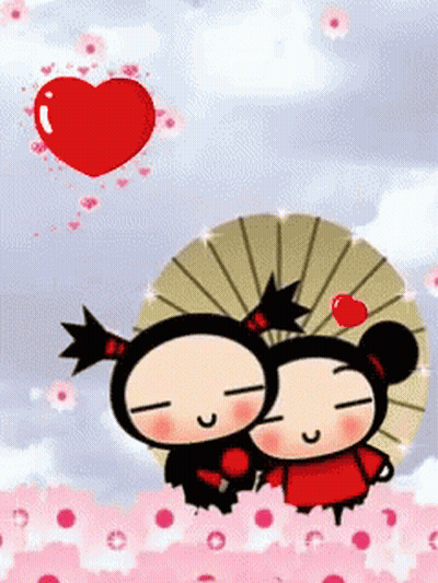 A Couple Of Cartoon Characters Holding Umbrellas With A Heart In The Sky Above Them GIF