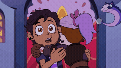 A Couple Of Cartoon Characters Hugging Each Other With A Cat Behind Them GIF