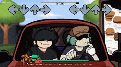 A Couple Of Cartoon Characters In A Car In Front Of A Mcdonald 'S Drive Thru GIF