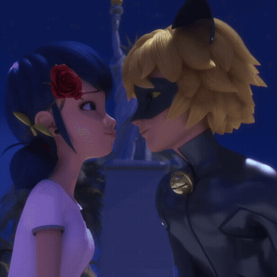 A Couple Of Cartoon Characters Kissing With A Red Rose In Their Hair GIF