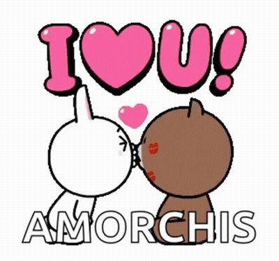 A Couple Of Cartoon Characters Kissing With The Words I Love U Amorchis Behind Them GIF