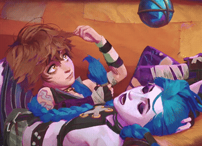 A Couple Of Cartoon Characters Laying On A Bed With A Ball In The Background GIF