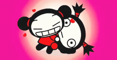 A Couple Of Cartoon Characters Laying On Top Of Each Other With A Pink Background GIF