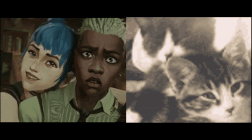 A Couple Of Cartoon Characters Next To A Picture Of A Cat With Flames Coming Out Of Its Eyes GIF