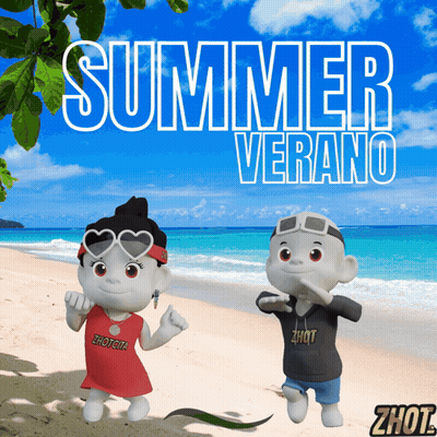 A Couple Of Cartoon Characters On A Beach With The Words Summer Verano GIF