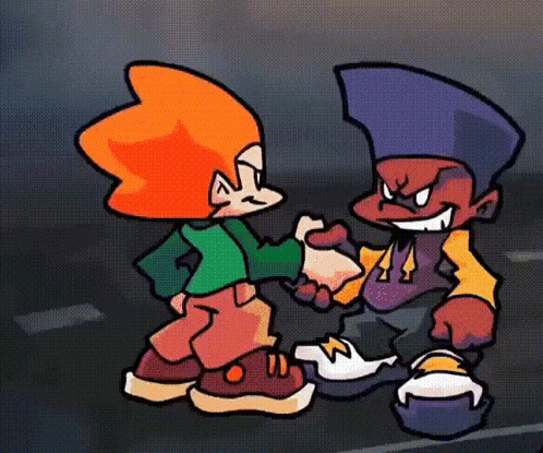 A Couple Of Cartoon Characters Shaking Hands In A Street . GIF