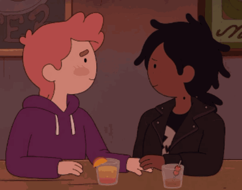 A Couple Of Cartoon Characters Sitting At A Table GIF