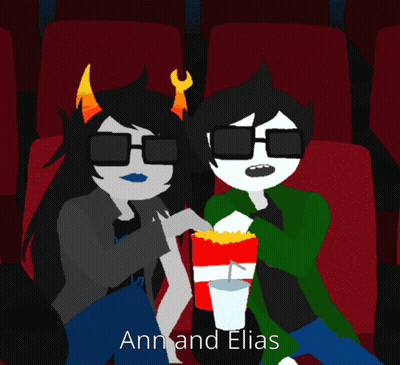 A Couple Of Cartoon Characters Sitting Next To Each Other With The Name Ann And Elias On The Bottom GIF