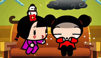 A Couple Of Cartoon Characters Sitting On A Couch With A Cloud Above Them GIF