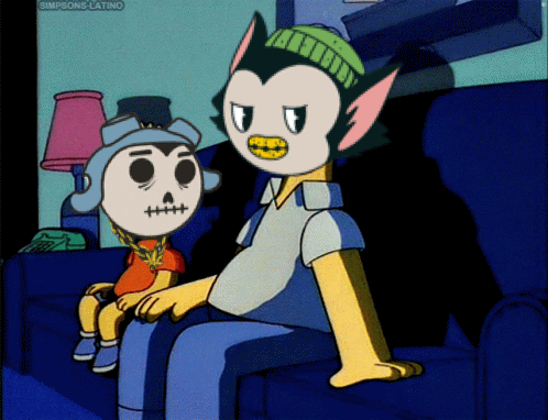 A Couple Of Cartoon Characters Sitting On A Couch With The Words Simpsons-Latino Visible In The Corner GIF