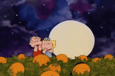 A Couple Of Cartoon Characters Standing In A Field Of Pumpkins Looking At A Full Moon GIF