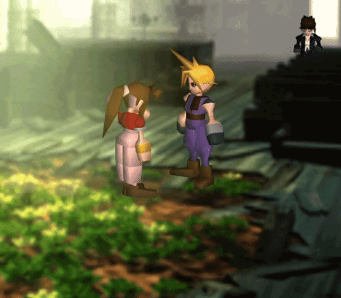 A Couple Of Cartoon Characters Standing In A Field GIF