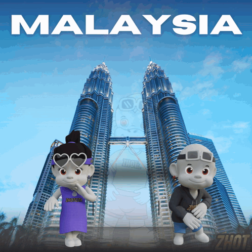 A Couple Of Cartoon Characters Standing In Front Of A Building That Says " Malaysia " GIF