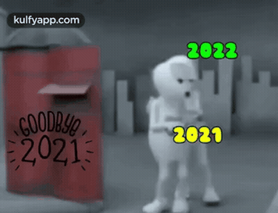 A Couple Of Cartoon Characters Standing In Front Of A Mailbox With The Words Goodbye 2021 And 2022 Written On It GIF