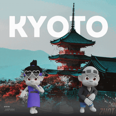 A Couple Of Cartoon Characters Standing In Front Of A Pagoda And The Word Kyoto GIF