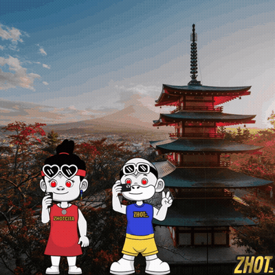 a couple of cartoon characters standing in front of a pagoda with the word zhot on the bottom right