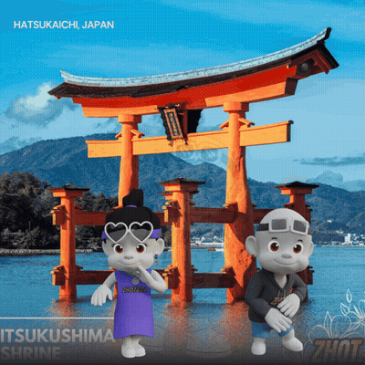A Couple Of Cartoon Characters Standing In Front Of A Torii Gate GIF