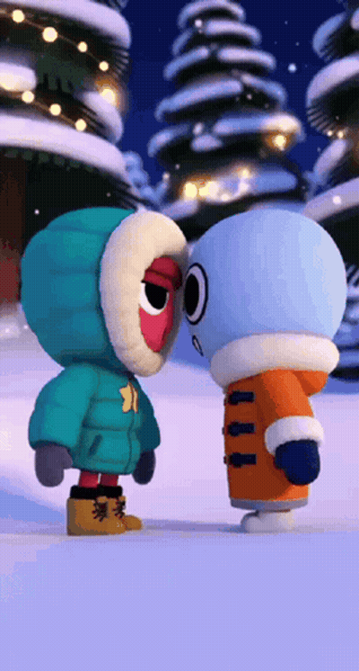 A Couple Of Cartoon Characters Standing In The Snow GIF