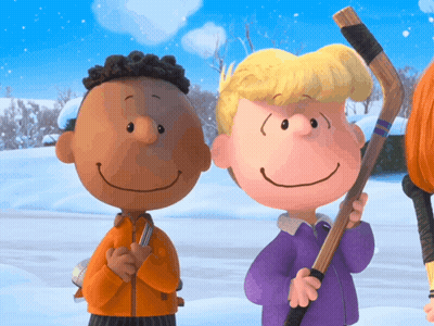 A Couple Of Cartoon Characters Standing In The Snow Holding Hockey Sticks GIF