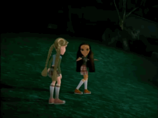 A Couple Of Cartoon Characters Standing Next To Each Other In A Dark Area GIF